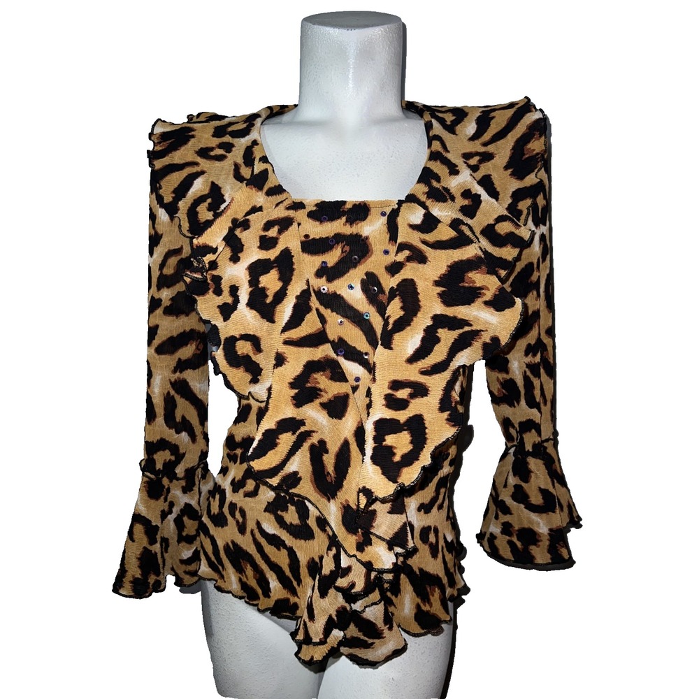 Alberto Makali Leopard Print Ruffle Sequin Bell Sleeve Blouse Womens Size 8